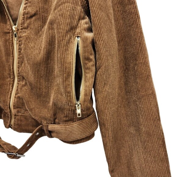 Brown Corduroy Moto Jacket With Belted Hem & Zip Pockets Size 2XL Womens - Picture 7 of 14